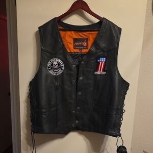 Black Leather Adjustible Side Motorcycle Vest with Harley Patches